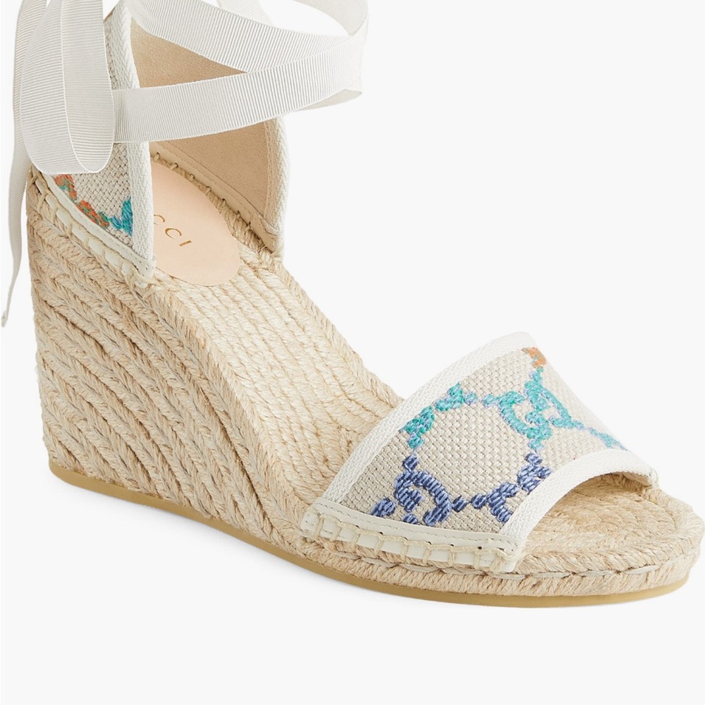 Gucci Cream and Blue Wedge Espadrilles